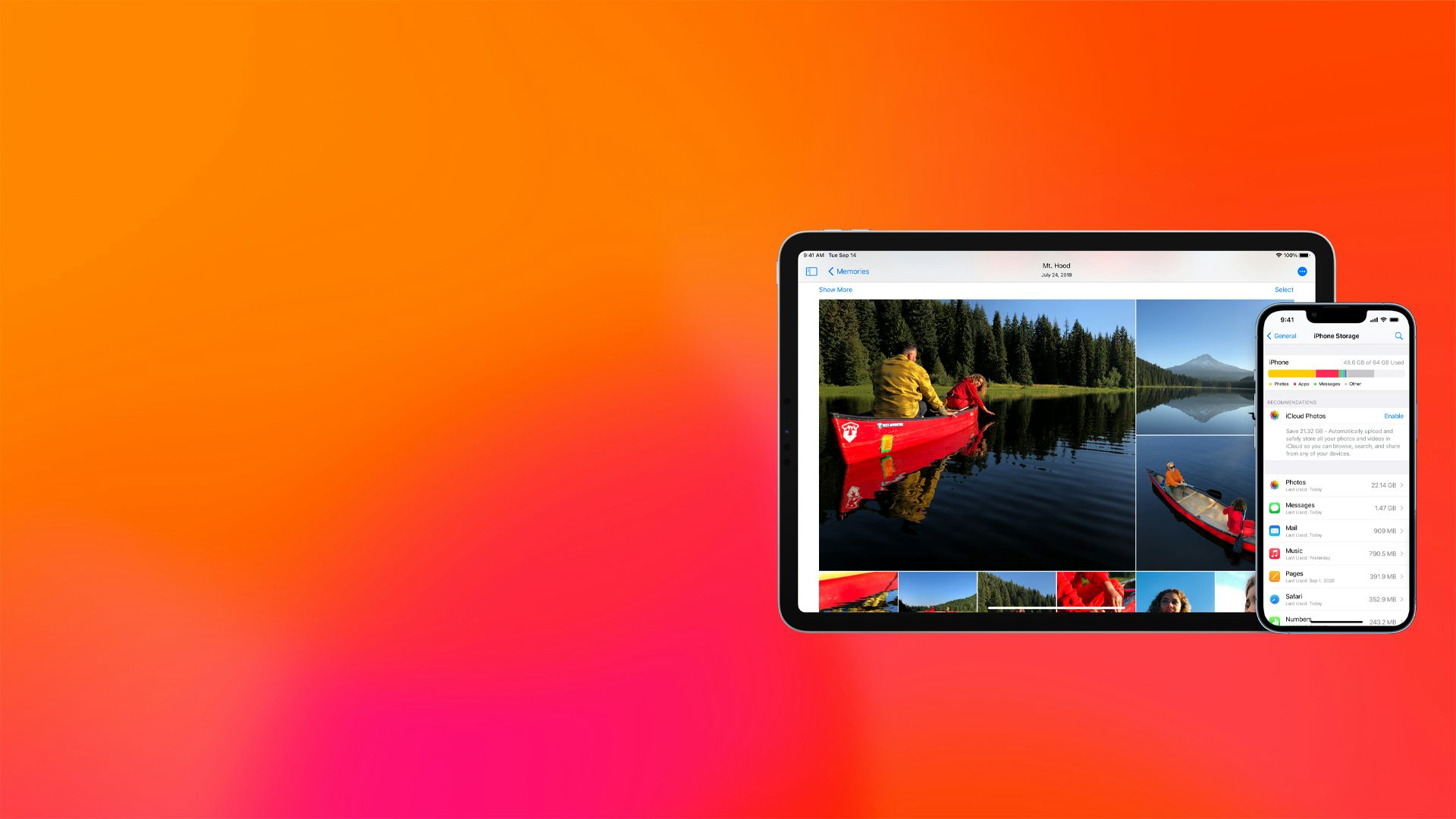 En surfplatta som visar bilder och en mobil som visar iCloud+ mot orange bakgrund.