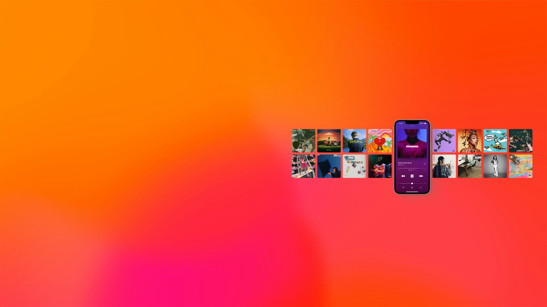 En mobil och olika skivomslag mot orange bakgrund.